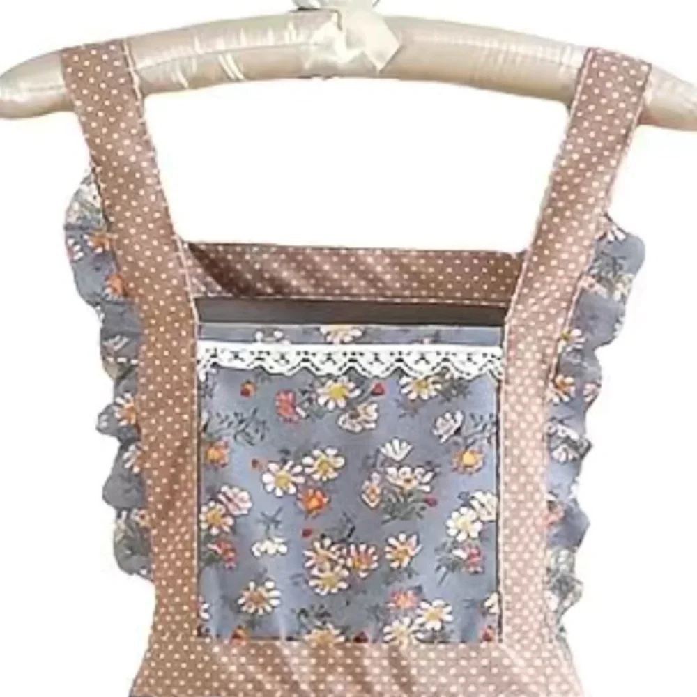 Apron Bib Sweet Vintage Retro Vibe  Pockets Waist Tie Floral Polka Dot Blue OS - Picture 3 of 10